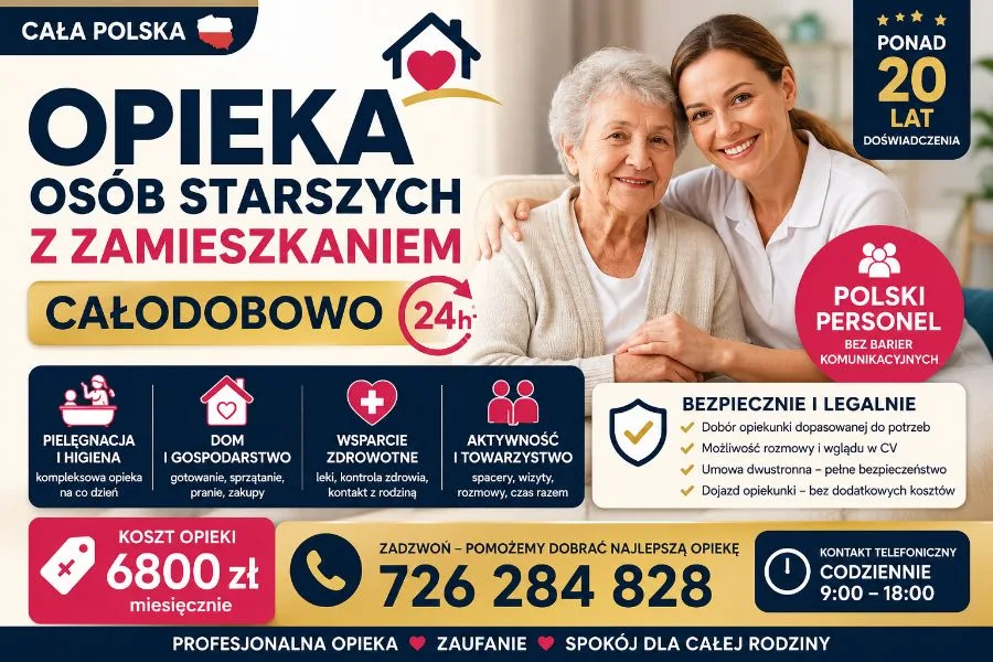 Profesjonalna opiekunka do seniora, opieka z zamieszkaniem, 